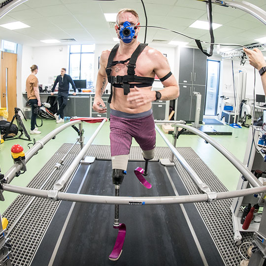 Richard Whitehead on a treadmill in the Peter Harrison Laboratory, training for his 100th marathon