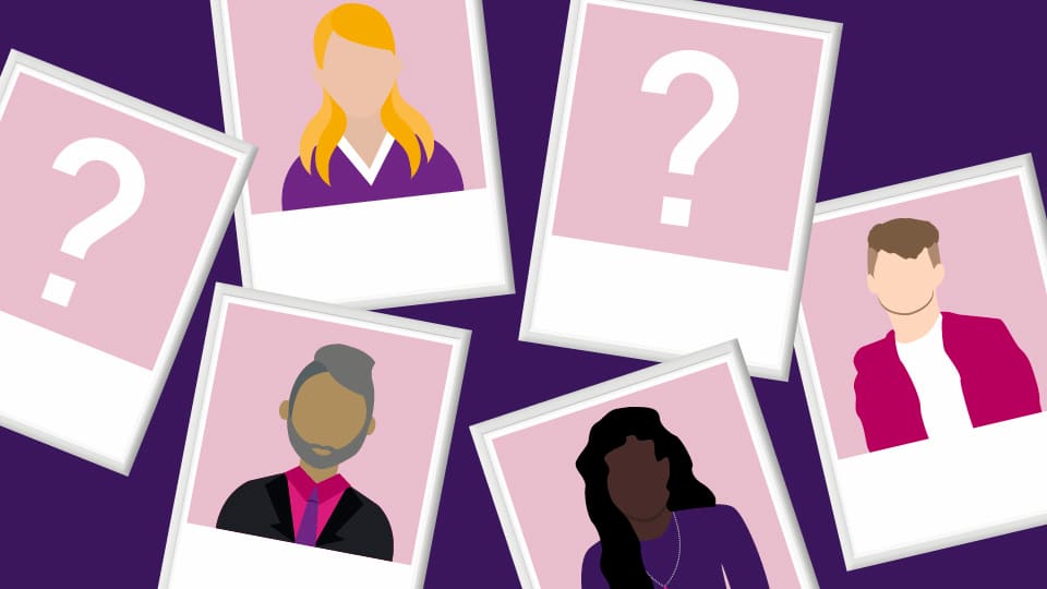 A purple background with several graphic polaroid style images of people