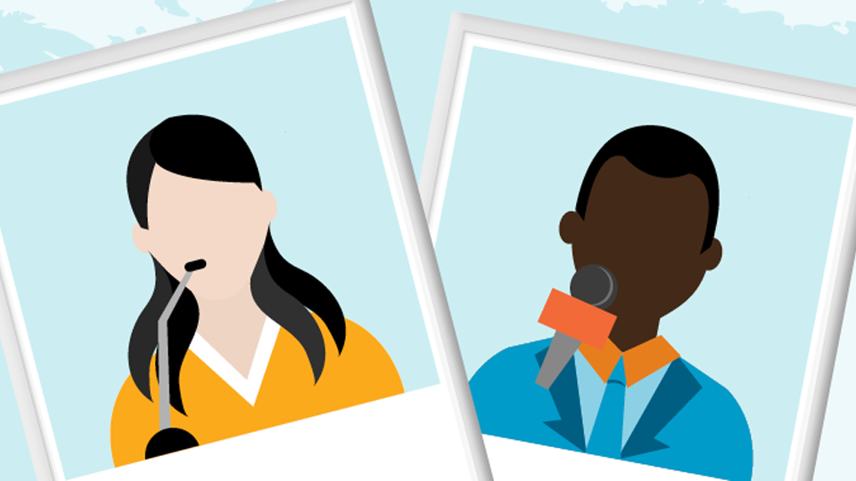 Graphic image of 2 people speaking in microphones