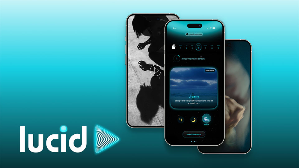 A turquoise background with a photo of a mobile phone with the Lucid app displayed on it. In the bottom left is the Lucid logo.