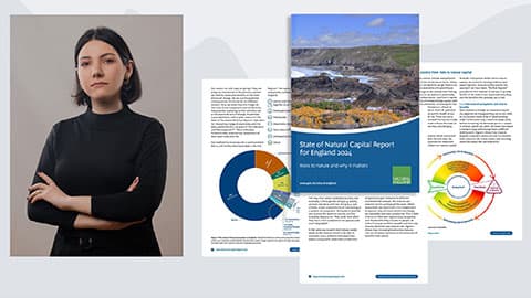 A portrait photo of Marianna which is next to a screenshot of the cover of the State of Natural Capital report by Natural England
