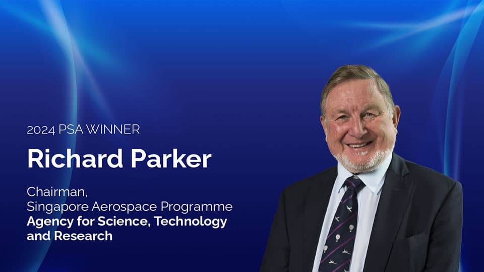 A headshot of Richard Parker on a blue background. There is white text next to the photo of him which reads '2024 PSA winner. Richard Parker. Chairman. Singapore Aerospace Programme. Agency for Science, Technology and Research.'
