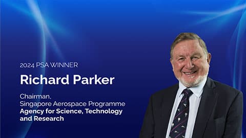 A headshot of Richard Parker on a blue background. There is white text next to the photo of him which reads '2024 PSA winner. Richard Parker. Chairman. Singapore Aerospace Programme. Agency for Science, Technology and Research.'