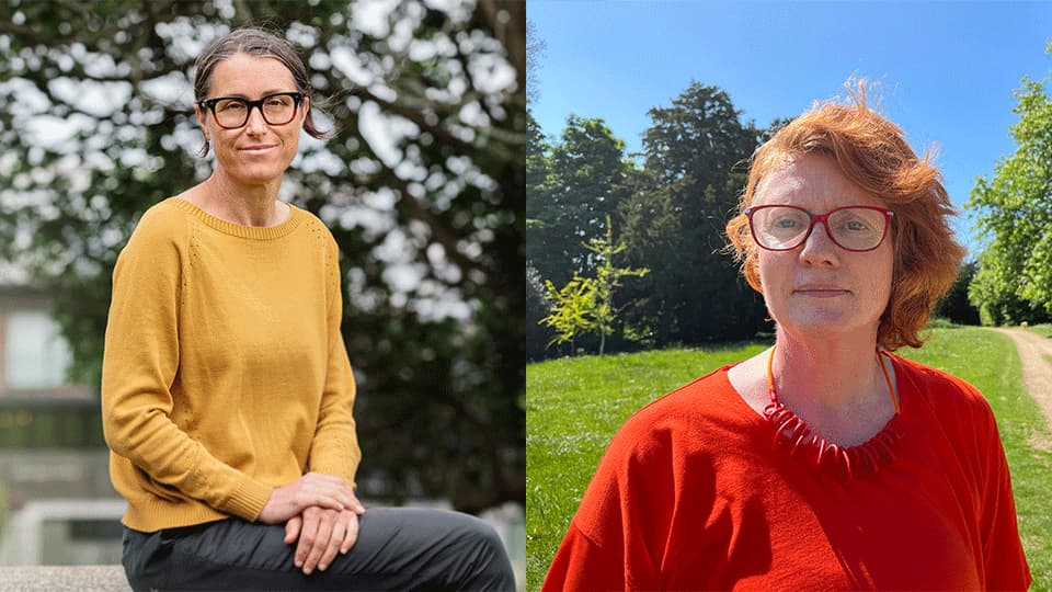 A headshot Virginia Braun and Victoria Clarke. Virginia is sitting down with her hands in her lap and she is wearing a yellow jumper and grey trousers while smiling at the camera. Victoria is stood outside near some trees and the sun is shining. She is wearing an orange top, necklace and glasses and is smiling at the camera.