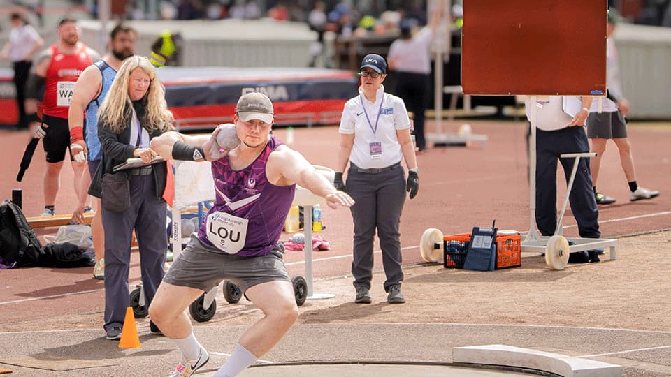 An athlete taking part in the discus throw at Loughborough's International Athletics May 2025