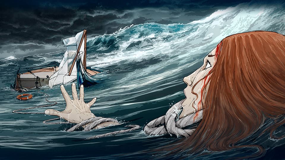 A cartoon image of a girl floating in the middle of the ocean surrounded by big waves. She has ginger hair and one of her hands is reaching out to a capsized boat.