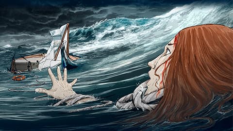A cartoon image of a girl floating in the middle of the ocean surrounded by big waves. She has ginger hair and one of her hands is reaching out to a capsized boat.