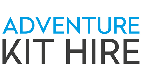 The Adventure Kit Hire logo. There isa plain white background. The word adventure is in a light blue and the words kit hire are in black.