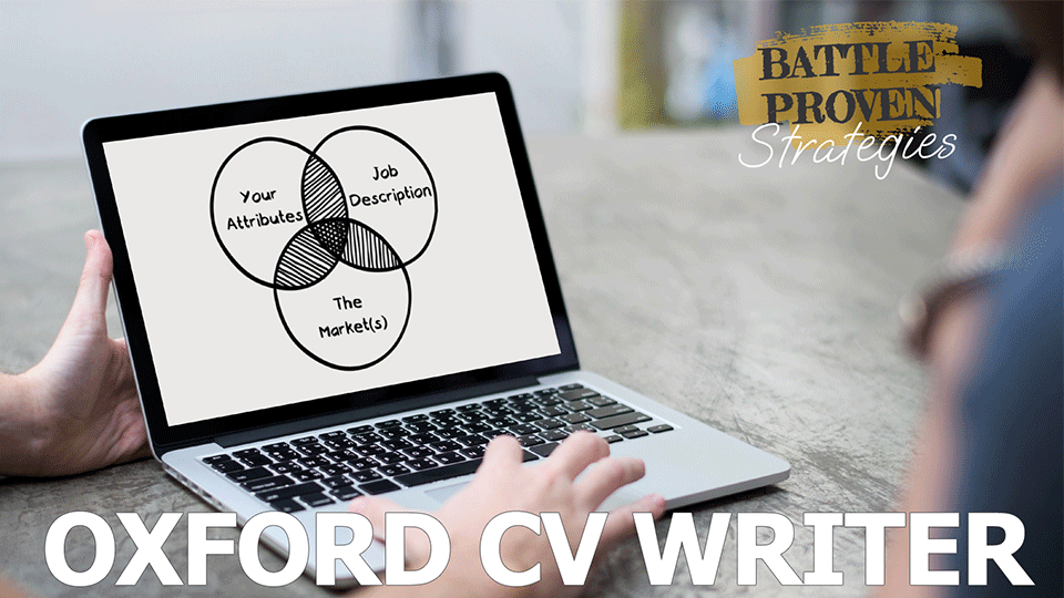 A laptop with three graphic circles which crossover. They have the words Your Attributes, Job Description and The Markets on them. There is also text that reads Battle Proven Strategies and Oxford CV Writer. The background is a desk but is blurry and not in focus.