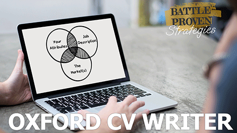 A laptop with three graphic circles which crossover. They have the words Your Attributes, Job Description and The Markets on them. There is also text that reads Battle Proven Strategies and Oxford CV Writer. The background is a desk but is blurry and not in focus.