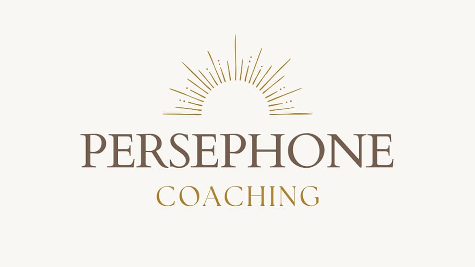 A beige background with the text Persephone Coaching. There is also a graphic above the text which resembles half of a sun.