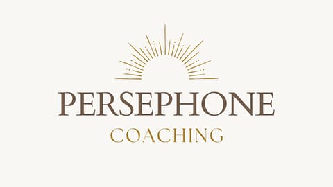 A beige background with the text Persephone Coaching. There is also a graphic above the text which resembles half of a sun.