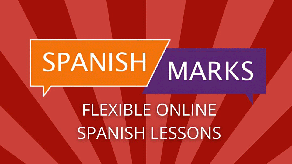 The text Spanish Marks, flexible online Spanish lessons in rectangles on a stripey background.