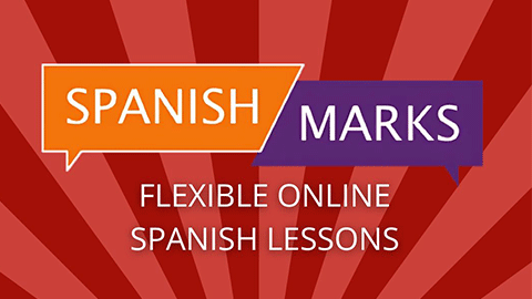 The text Spanish Marks, flexible online Spanish lessons in rectangles on a stripey background.