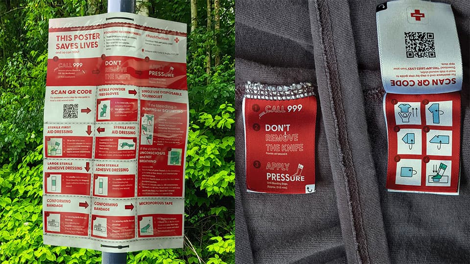 On the left hand side is a red and white poster which reads This Poster Saves Lives. On the right hand side is a label with a QR code on it along with text which says 1. Call 999. 2. Don't remove the knife. 3. Apply pressure. There is also a diagram of instructions on what to do with someone who has been injured by a knife crime.