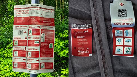 On the left hand side is a red and white poster which reads This Poster Saves Lives. On the right hand side is a label with a QR code on it along with text which says 1. Call 999. 2. Don't remove the knife. 3. Apply pressure. There is also a diagram of instructions on what to do with someone who has been injured by a knife crime.