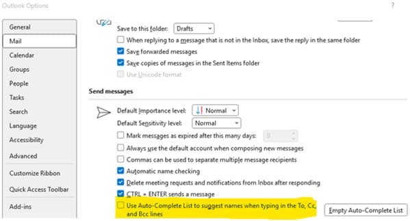 A screen grab of the Outlook Mail settings dialog, showing the 'Use Auto-Complete list to suggest names when typing in the To, CC and BCC lines' option unchecked.