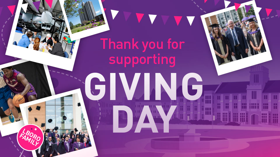 A purple graphic with an image of campus in the background. There are polaroid photographs across the graphic. Text reads: thank you for supporting giving day