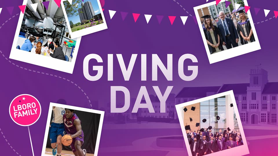 A purple graphic with an image of campus in the background. There are polaroid photographs across the graphic. Text reads: Giving Day