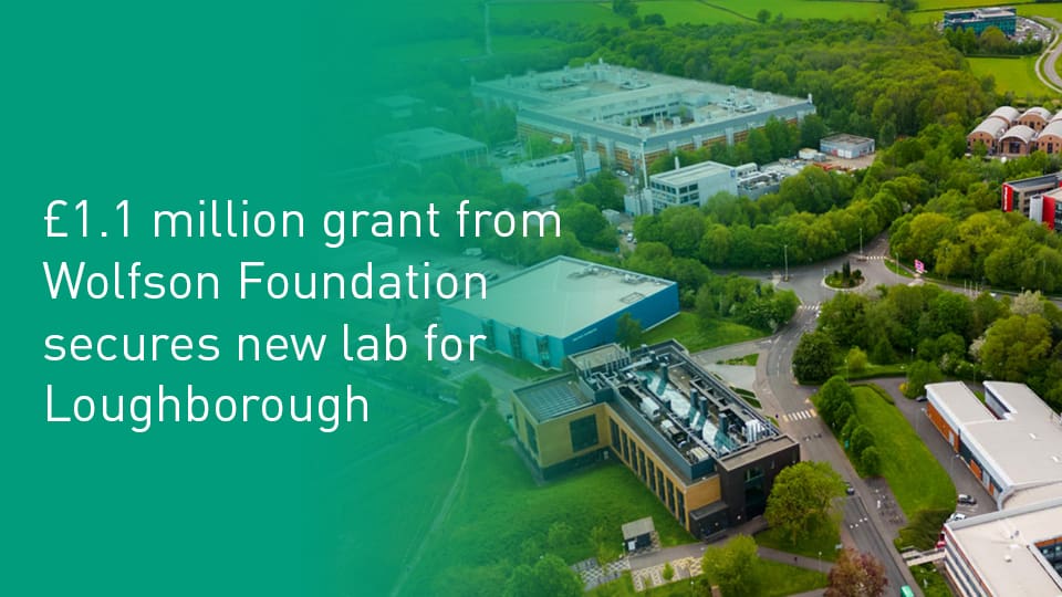 An aerial view of the west side of the Loughborough University campus where many STEM subjects are situated. Text is overlaid on the left on a green background. Text reads £1.1 million grant from Wolfson Foundation secures new lab for Loughborough.