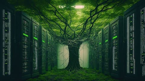 An illustration of a tree growing between two walls of computer