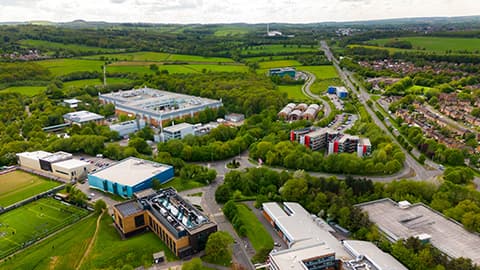 An aerial view of the west side of the Loughborough University campus.