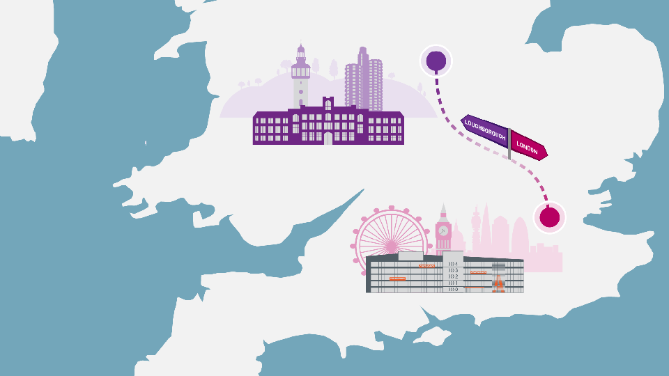 a map of southern England showing the locations of Loughborough University and Loughborough University London