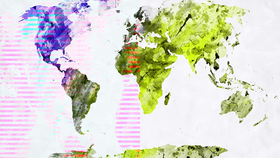 a map of the world with each continent a different colour