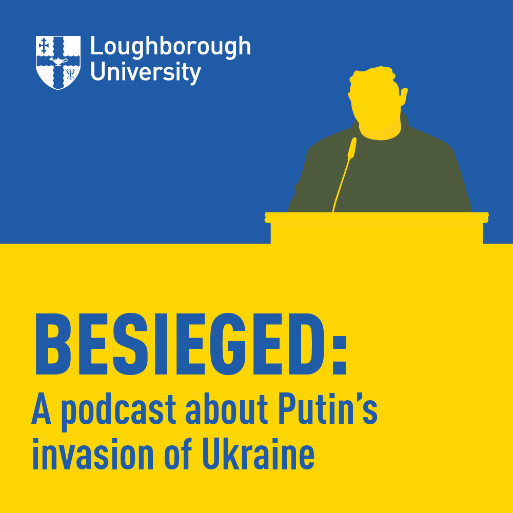 an illustration in blue and yellow like the Ukrainian flag, showing a person standing at a lectern. Text: Besieged: A podcast about Putin's invasion of Ukraine.
