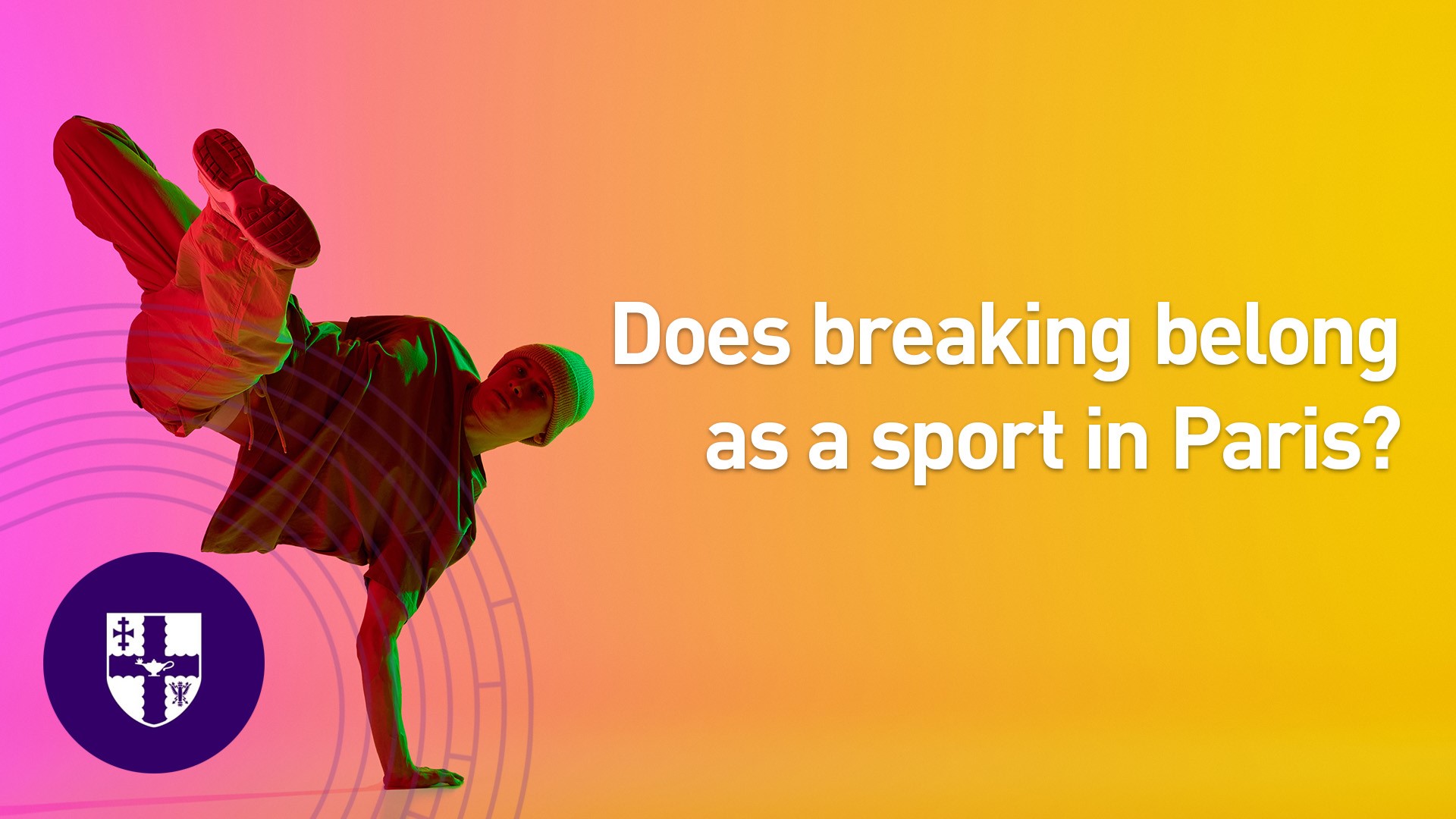 A breaker performing a one handed handstand trick against an orange and pink background with the words 