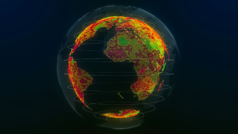 A vector of a globe covered in green and read areas to represent climate change