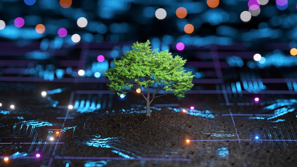 a digital circuit board with a tree growing from it symbolising technology and its impact on the environment