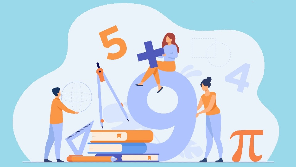 Illustration showing different number, rulers and maths-related tools, and people sitting in and around them.