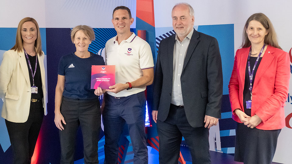 Pictured from the left is Professor Jo Maher, Pro Vice-Chancellor for Sport, Penny Briscoe, Director of Sport for ParalympicsGB, Alasdair Donaldson, the University’s Head of Para Sport, Professor Nick Jennings, Loughborough’s Vice-Chancellor, and Professor Rachel Thomson, Provost and Deputy Vice-Chancellor.