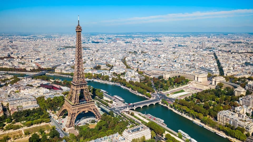 A photo of the Paris skyline, featuring the Eiffel Tower