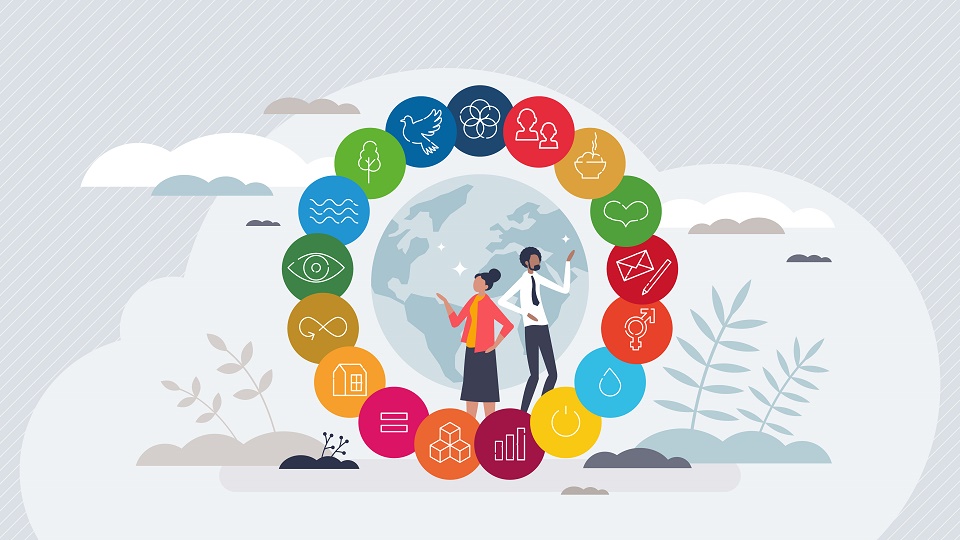 A drawing of a man and woman stood inside a circle made up of the UN Sustainable Development Goals icons.