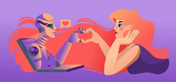 Image of a woman and chatbot making a heart symbol with their hands