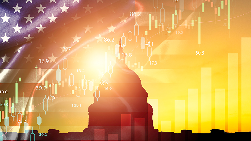 White House silhouette with economic graphics