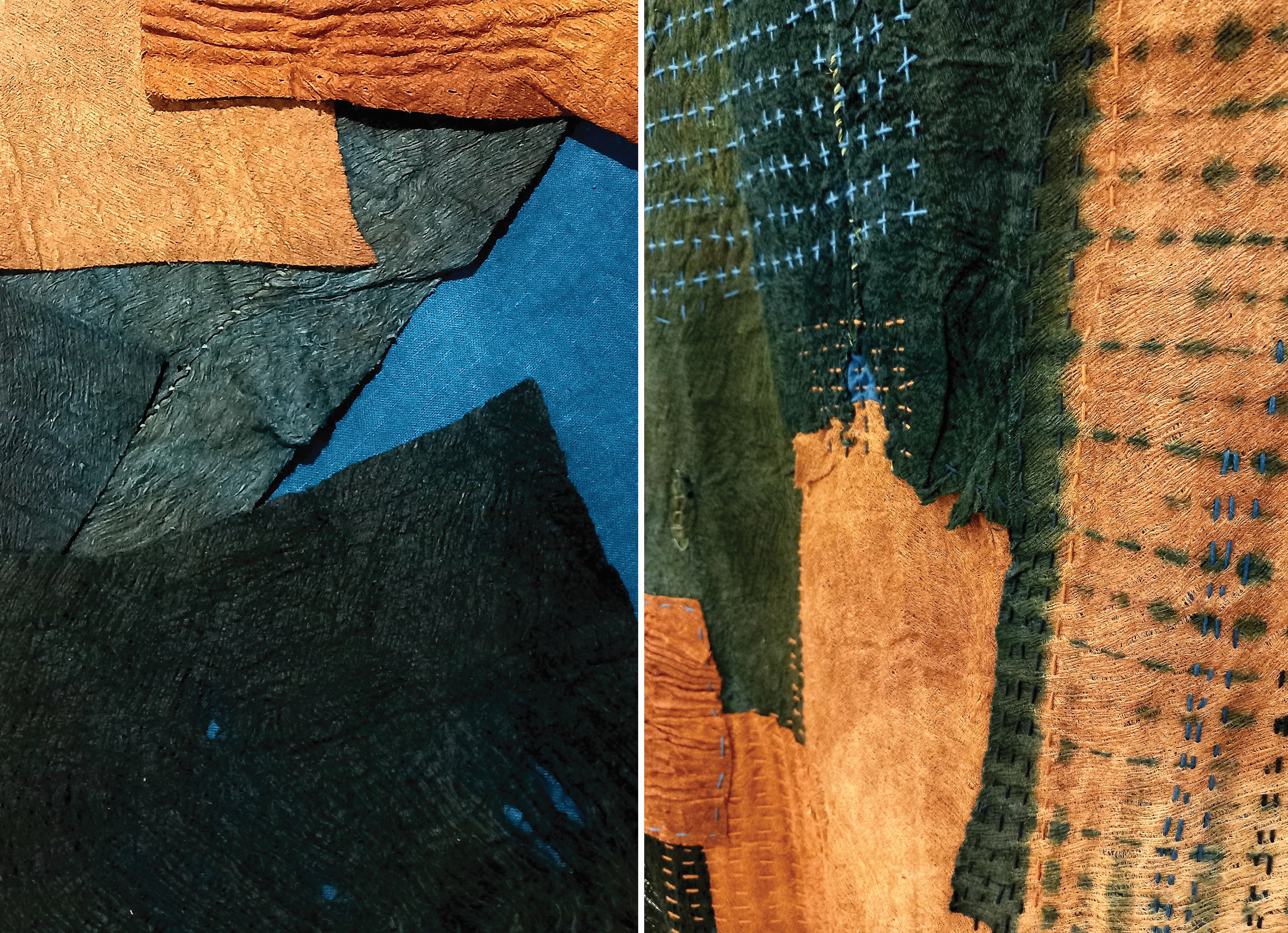 Crafting Barkcloth: Patched indigo/shibori dyed Ugandan barkcloth fragments from the mutuba tree using Japanese boro and sashiko techniques.