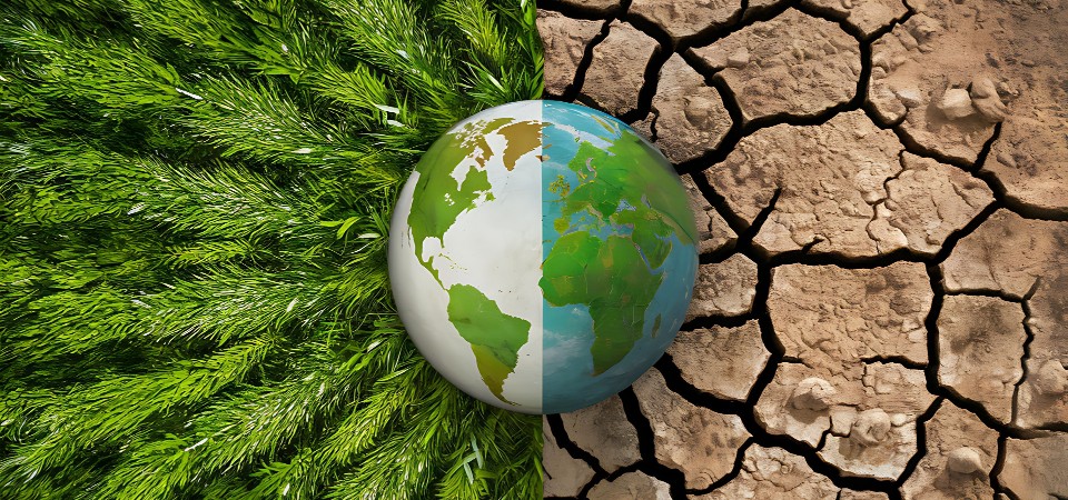 Image of the Earth surround by plush greener on one side and cracked arid soil on the other