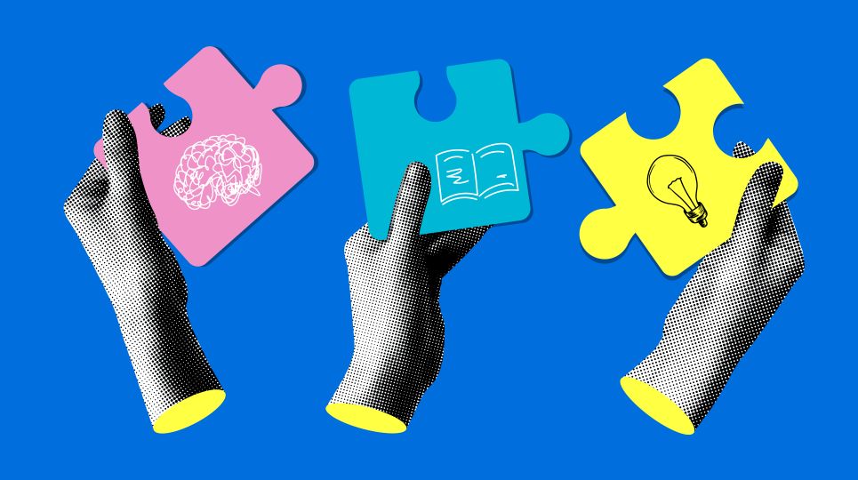 A digital image of three hands holding jigsaw pieces signifying team working