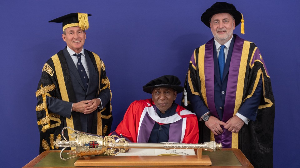 Pictured, from the left to right, is the University's Chancellor, Lord Sebastian Coe, Colin McFarlane, and Loughborough's Vice-Chancellor, Professor Nick Jennings.