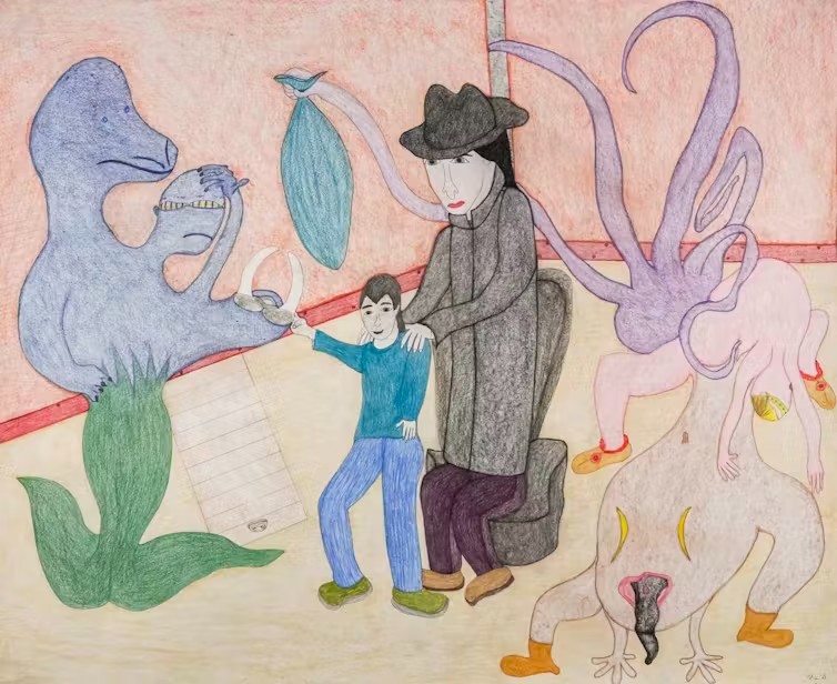 Composition At the Dentist by Shuvinai Ashoona. Shuvinai Ashoona, courtesy of the collection of Alexander V. Petalas