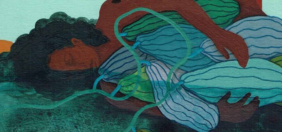 A painting called Subsidence by Otobong Nkanga. It shows a naked black woman lying on her side, hugging what appears to be a number of large green marrows