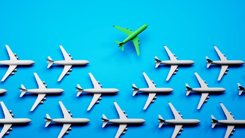 A series of white planes are pictured on a blue background, with one green plane flying in a different direction.
