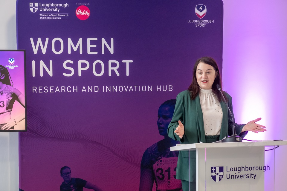 Stephanie Peacock, Minister for Sport, Tourism, and Civil Society (The Department for Digital, Culture, Media & Sport) is pictured on a stafe officially launching the Loughborough University Women in Sport Research and Innovation Hub.