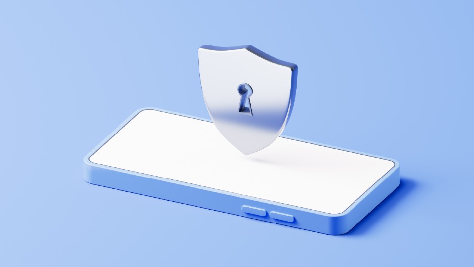 Illustration of a mobile phone with a shield displaying a lock above it, indicating security.