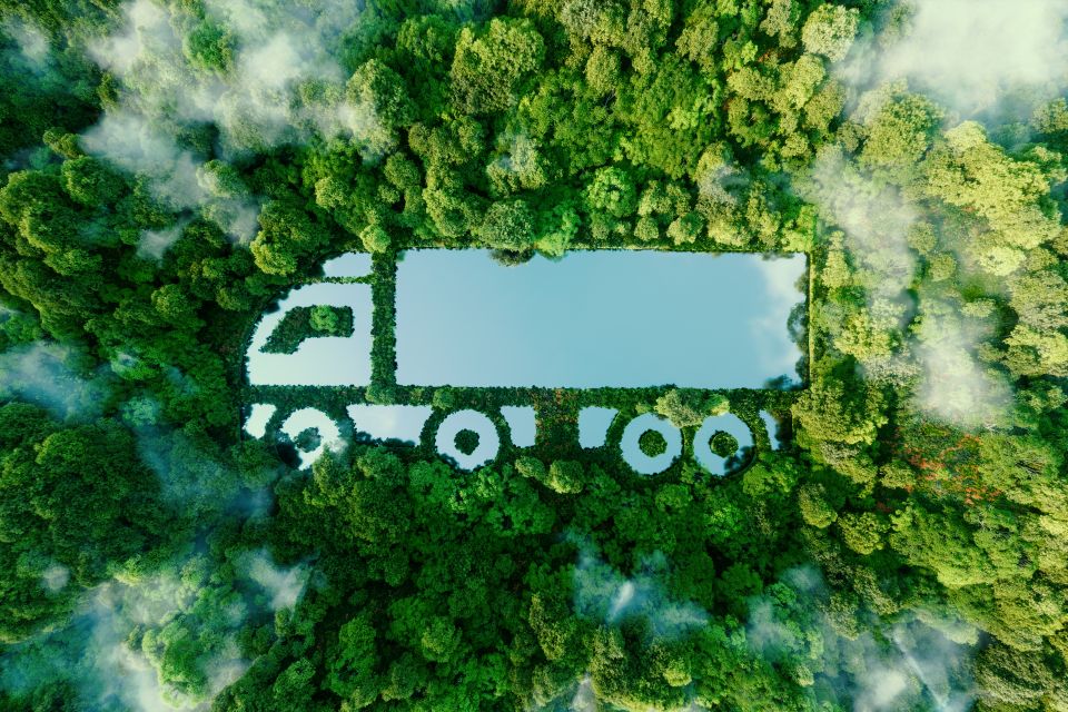 A image of a truck is projected on to lots of trees and bushes