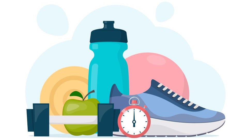 A collection of sports equipment, including trainers, a water bottle, stop watch and an apple.