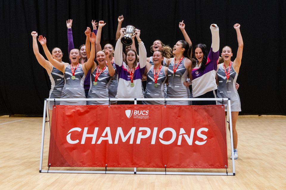 The Loughborough University Netball Team celebrate their win at BUCS Big Wednesday